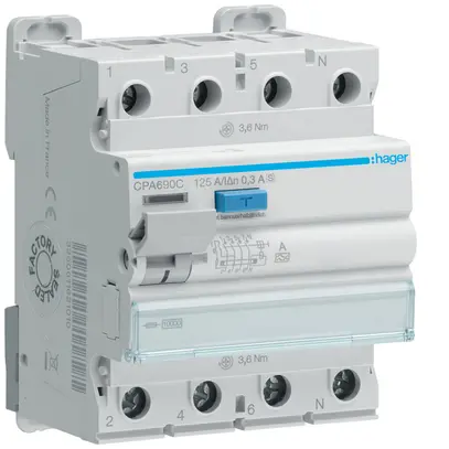 Interruttore differenziale Hager RCCB (RCD) 4P 400V 0.3A tipo A 125A 10kA 4UM 