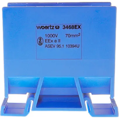 Borne de dérivation Woertz Ex 35…70mm² 192A 800V vis 2×1 rail DIN 35mm bleu 