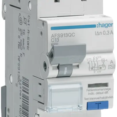 Disjoncteur différentiel Hager RCBO QC 2P 230V car.C 13A 0.3A type A 6kA 2UM 