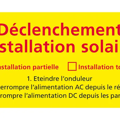 Warnaufkleber Swissolar "Ausschaltung Solaranlage" Französisch 