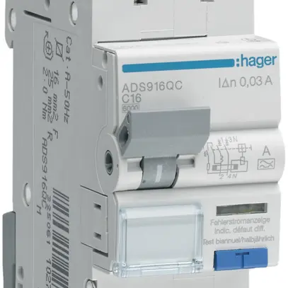 Disgiuntore differenziale Hager RCBO QC 2P 230V car.C 16A 0.03A tipo A 6kA 2UM 