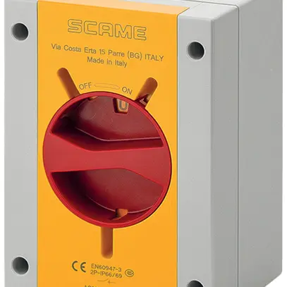 Interruttore rotativo AP Scame 32A 690V 0/4L manopola ro/gi 110×150×87mm IP66 