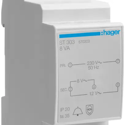 REG-Kleintransformator Hager 8W 8V 12V 0.67A 2TE 