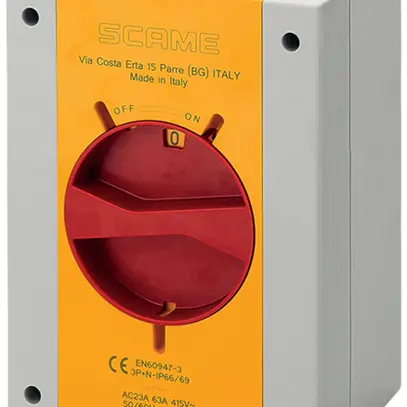 Interruttore rotativo AP Scame 63A 690V 0/4L manopola ro/gi 160×220×115mm IP66 