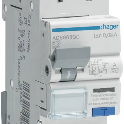 Disjoncteur différentiel Hager RCBO QC 2P 230V car.B 13A 0.03A type A 6kA 2UM 