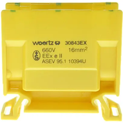 Morsetto di derivazione Woertz Ex 6…16mm² 76A 750V vite 2×1 guida DIN 35mm ve/gi 