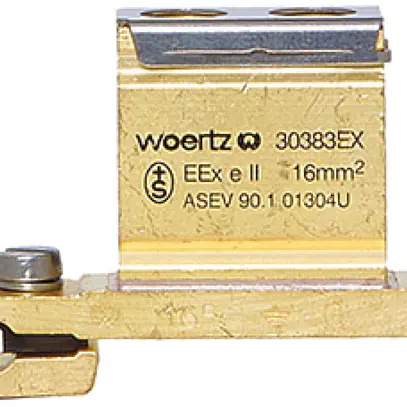 Borne de terre joignable Woertz Ex 6…16mm² raccordement à vis 1×1 rail DIN 35mm 