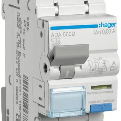 Disgiuntore differenziale Hager RCBO 2P 240V car.C 10A 0.03A tipo A 10kA 2UM 