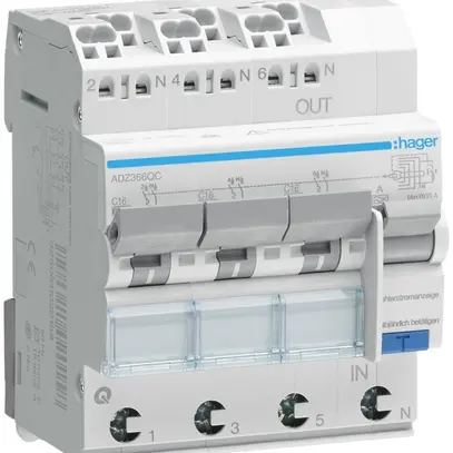 Disgiuntore differenziale Hager RCBO QC 3P+N 230V car.C 16A 0.03A tipo A 6kA 4UM 