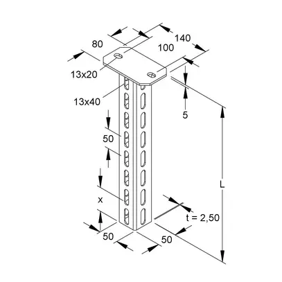 Supporto per soffitto 50×50mm L=600mm zincato a caldo a immersione 
