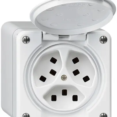 Presa AP Hager robusto, 3×T23, con coperchio Q, bianco 