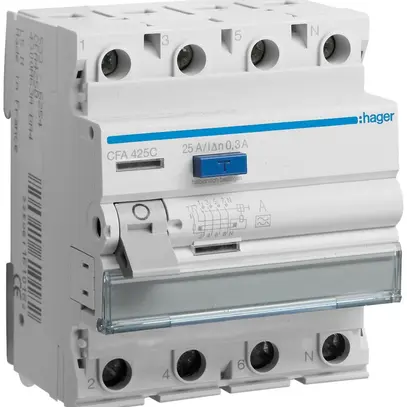 Interrupteur différentiel Hager RCCB (RCD) 4P 400V 0.3A type A 25A 4UM 