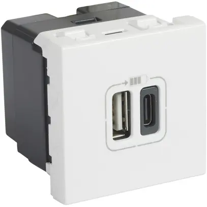 Prise de charge USB INC MOS 1×type-A + 1×type-C, 3A 5V=15W, 2 modules, blanc 