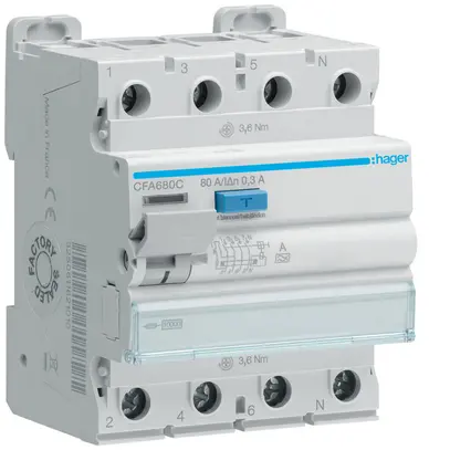 Interruttore differenziale Hager RCCB (RCD) 4P 400V 0.3A tipo A 80A 10kA 4UM 