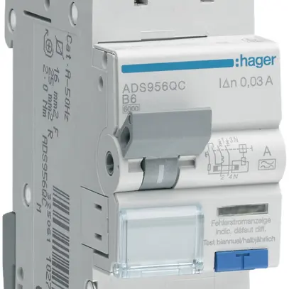 Disgiuntore differenziale Hager RCBO QC 2P 230V car.B 6A 0.03A tipo A 6kA 2UM 
