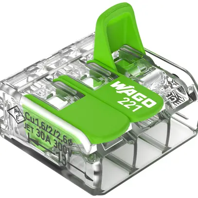 Morsetto di connessione WAGO Green Range 3L 0.5…6mm² con leva ve trasparente 
