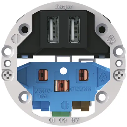 Inserto per presa 2×USB & T13/23 Hager montaggio E 2400mA 