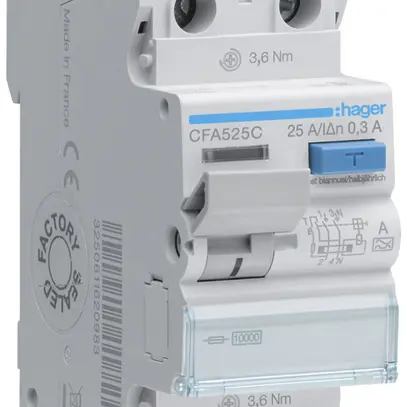Interrupteur différentiel Hager RCCB (RCD) 2P 230V 0.3A type A 25A 10kA 2UM 