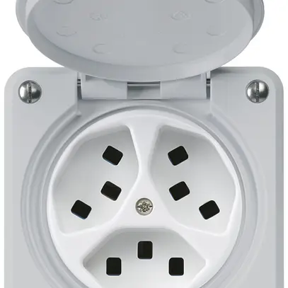UP-Steckdose Hager robusto, 3×T23, mit Klappdeckel C, grau 