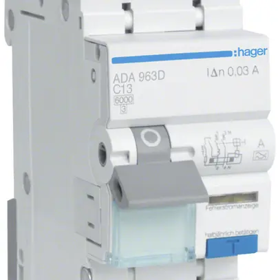 FI/LS-Schalter Hager RCBO 2P 240V Charakteristik C 13A 0.03A Typ A 6kA 2TE 