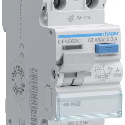 Interrupteur différentiel Hager RCCB (RCD) 2P 230V 0.3A type A 63A 10kA 2UM 