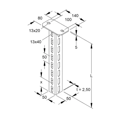 Support pour plafond 50×50mm L=1200mm zingué à chaud par immersion 