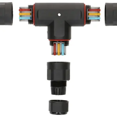 Raccord de câble MH dérivation T 3×0.5…2.5mm² Ø6.5…11mm Ø30×88×142mm IP68 noir 