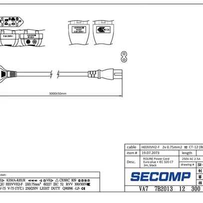 Câble d'appareils ROLINE T26 → C7 2×0.75mm² 250VAC/2.5A noir 3m 