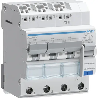 Disgiuntore differenziale Hager RCBO QC 3P+N 400V car.C 13A 0.03A tipo A 6kA 4UM 