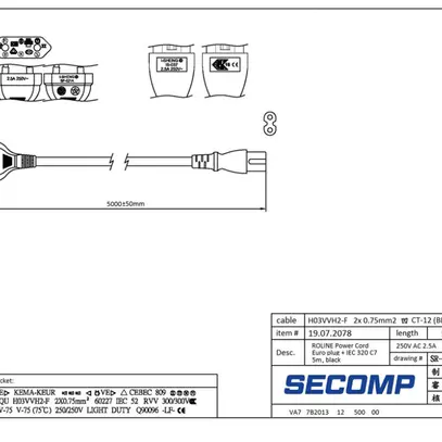 Câble d'appareils ROLINE T26 → C7 2×0.75mm² 250VAC/2.5A noir 5m 