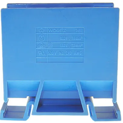 Borne de dérivation Woertz 35…70mm² 192A 800V vis 2×1 rail DIN 35mm bleu 