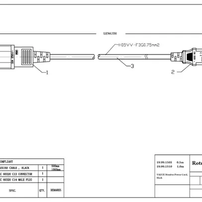 Câble d'appareils VALUE C14 → C13 3×0.75mm² 250VAC/10A noir 1m 