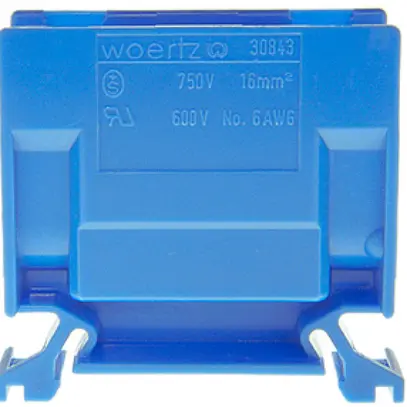 Borne de dérivation Woertz 6…16mm² 76A 750V vis 2×1 rail DIN 35mm bleu 