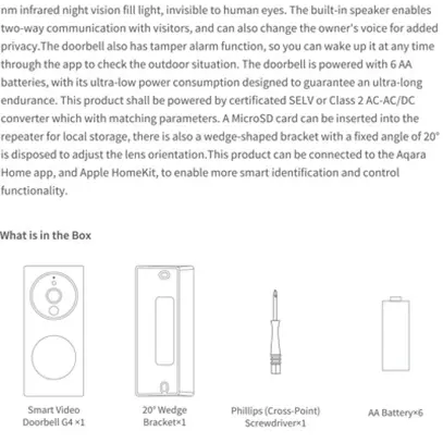 Kit citofono porta video Aqara G4 SVD-C03 Wi-Fi stazione esterna+gong 