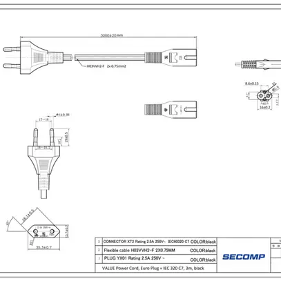 Apparatekabel VALUE T26 → C7 2×0.75mm² 250VAC/2.5A schwarz 3m 