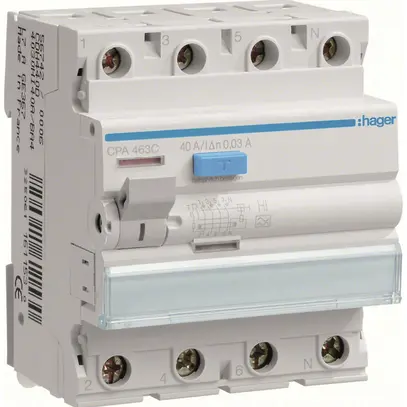 Interrupteur différentiel Hager RCCB (RCD) 4P 400V 0.03A type A HI 40A 4UM 