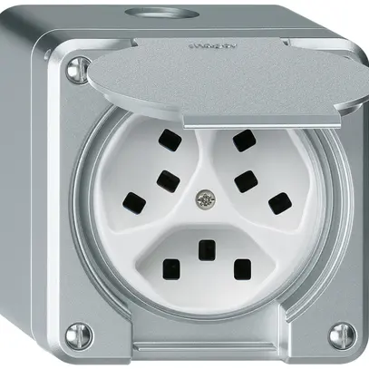 Presa AP Hager robusto, 3×T23, con coperchio Q, alluminio 