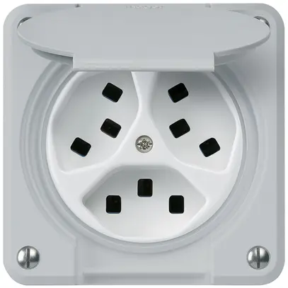 UP-Steckdose Hager robusto, 3×T23, mit Klappdeckel C, grau 