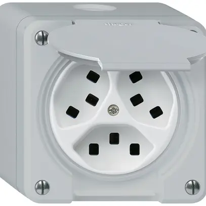 Presa AP Hager robusto, 3×T23, con coperchio Q, gris 