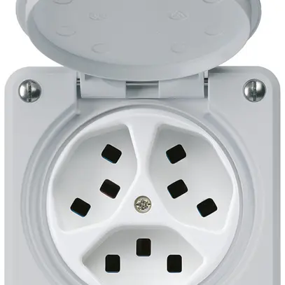 UP-Steckdose Hager robusto, 3×T23, mit Klappdeckel C, grau 