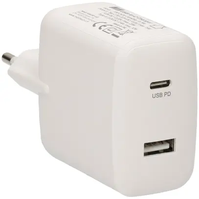 USB-Ladegerät MAX HAURI 1×A+1×C PD 30W 5/9VDC 2.4/2A T26 240VAC weiss 