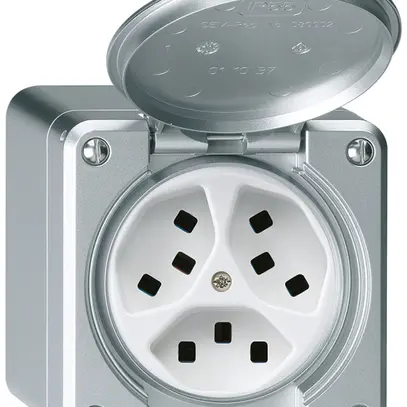 Presa AP Hager robusto, 3×T23, con coperchio Q, alluminio 