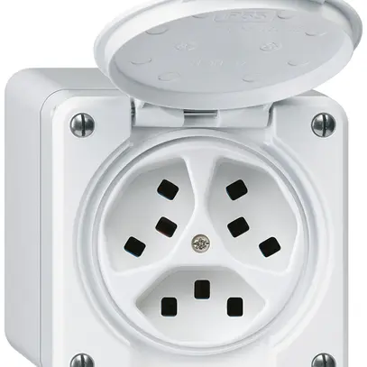 Presa AP Hager robusto, 3×T23, con coperchio Q, bianco 