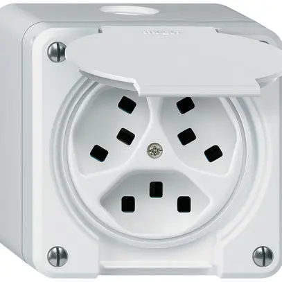 Presa AP Hager robusto, 3×T23, con coperchio Q, bianco 