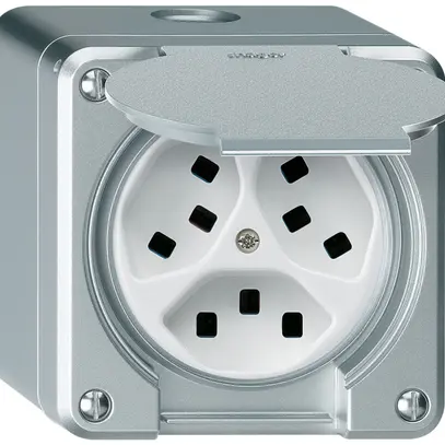 Presa AP Hager robusto, 3×T23, con coperchio Q, alluminio 