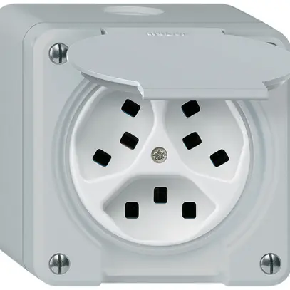 Presa AP Hager robusto, 3×T23, con coperchio Q, gris 